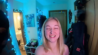 Husband is busy gaming while blonde wife is busy fucking her bull